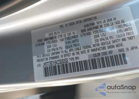 2019 Mazda Cx-9 Grand Touring z USA, uszkodzony, nr VIN JM3TCBDY8K0328292